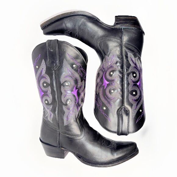Gypsy Rose Western Boot Leather Cowboy Black Purple Studded Rhinestone Women 7.5 - Picture 6 of 16